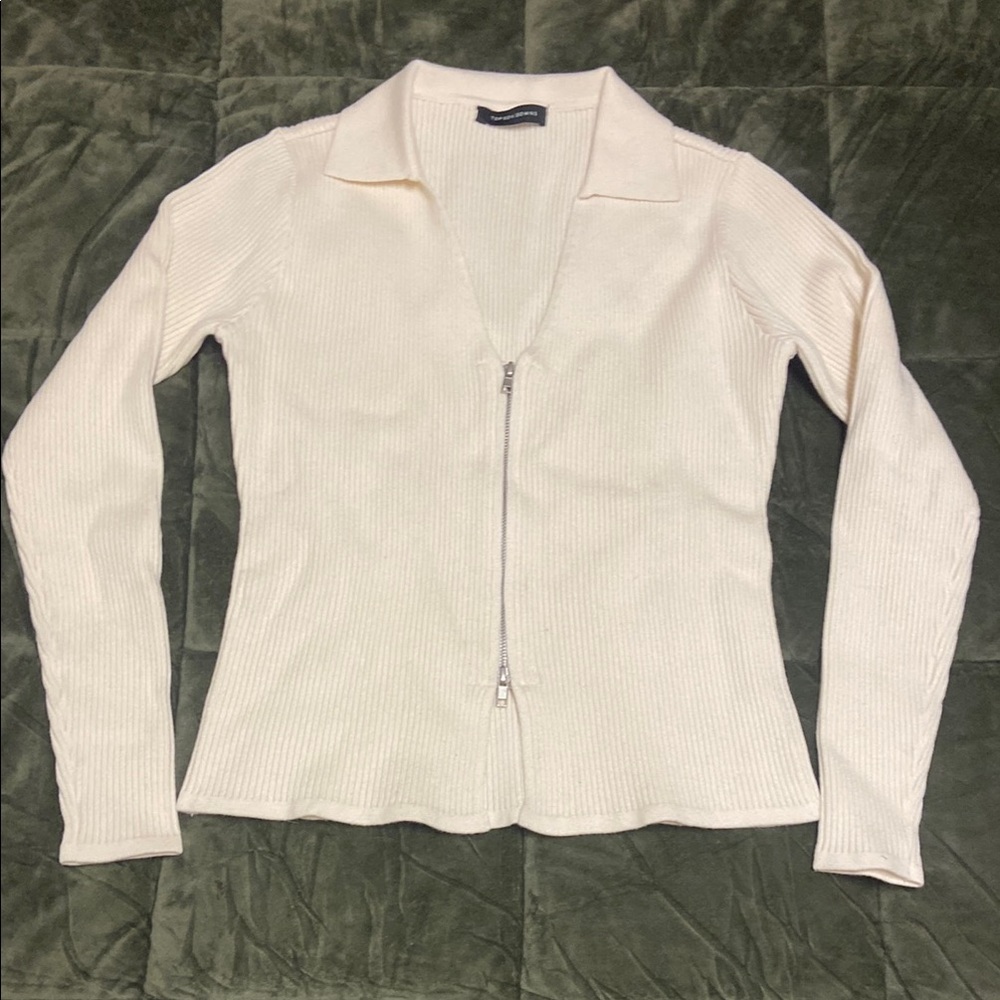 Ecru Rib Knit Zip Polo V neck Cardigan Top